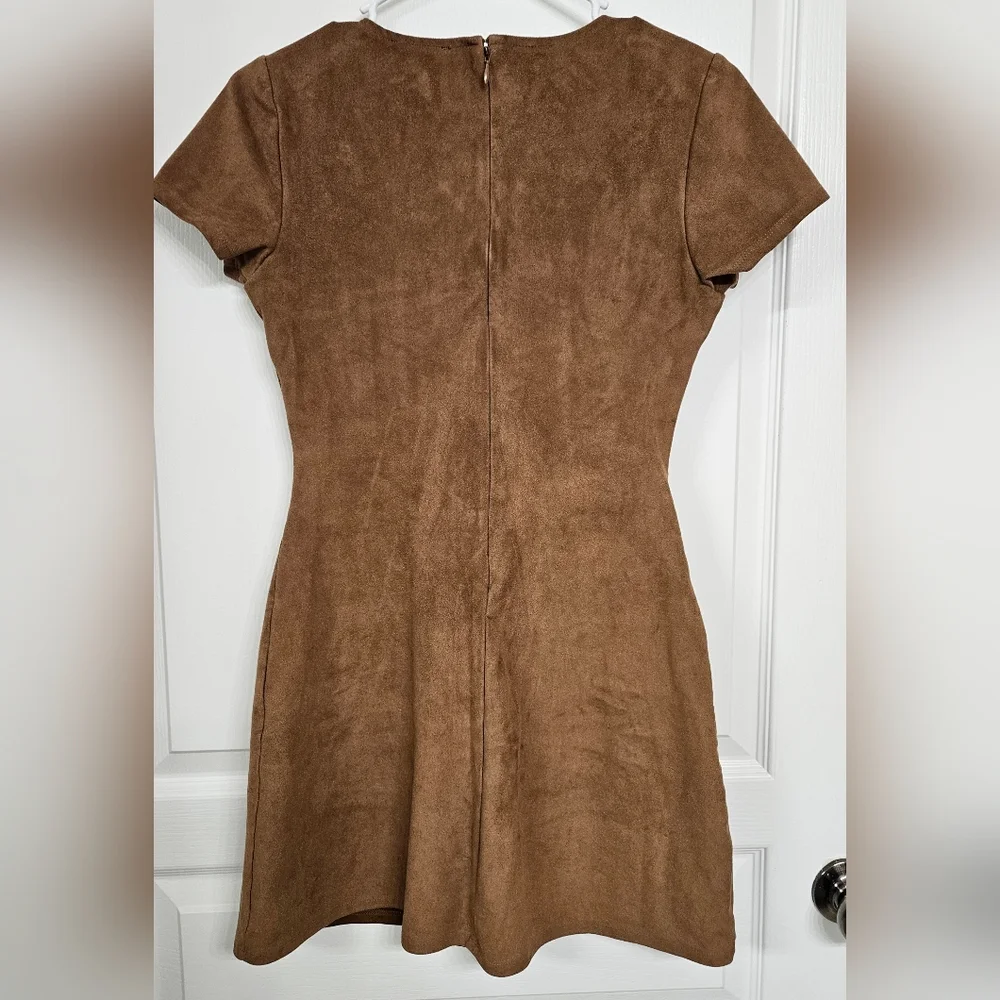 Express size 2 camel brown suede cross laced v neck lined zip up mini dress - Picture 7 of 7